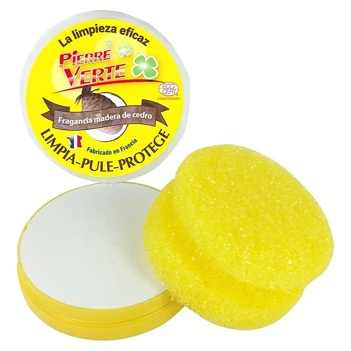 Esponja de limpieza manual Pierre Verte - Cedro, 200 g - Piedra de limpieza Pierre Verte con fragancia a madera de cedro, ideal para una limpieza y protección eficaces. Incluye esponja amarilla.