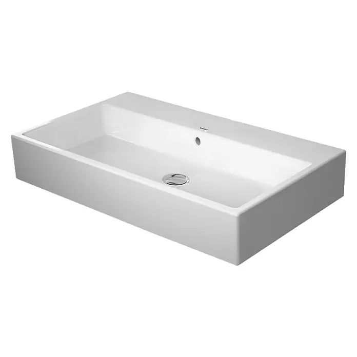 Duravit Vero Air Waschtisch - 70 x 47 cm, Ohne Spezialglasur, Hahnloch: Ohne, Mit Überlauf, Weiß, Geschliffen - Ein weißes, rechteckiges Aufsatzwaschbecken mit abgerundeten Ecken und einem Ablauf in der Mitte. Das Waschbecken ist modern und minimalistisch gestaltet.