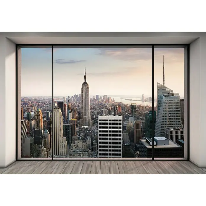 Komar Fototapete Penthouse - 8 -tlg., B x H: 368 x 254 cm, Papier - Ein Fensterrahmen mit Blick auf die Skyline von New York City, inklusive des Empire State Buildings, bietet einen atemberaubenden Ausblick.