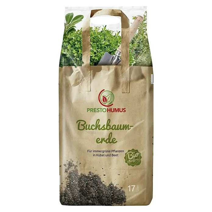 Presto Humus Bio Blumenerde - 17 l - Presto Humus Buchsbaum-Erde: Spezielle Erde für immergrüne Pflanzen in Kübel und Beet, torffrei und mit 17 Liter Volumen für gesunde Pflanzen.