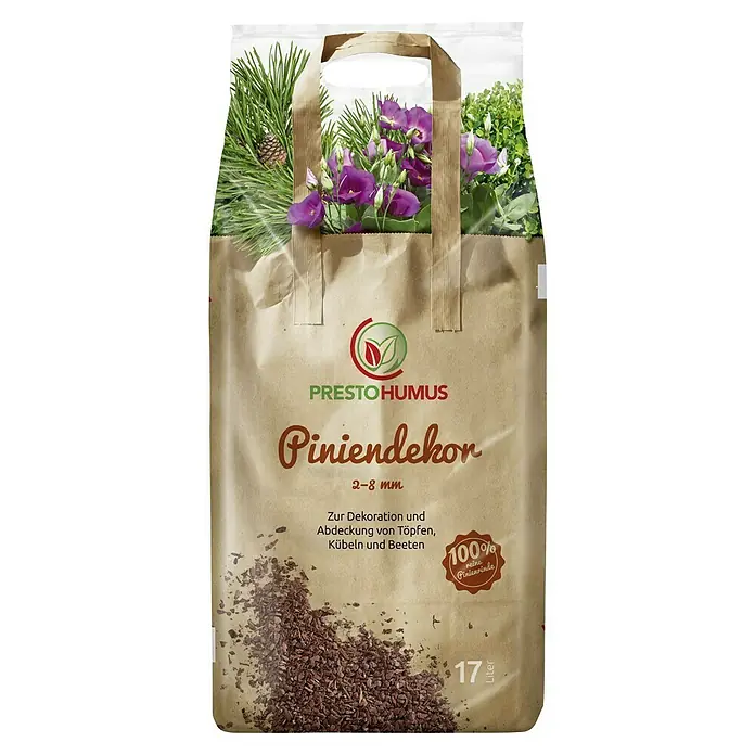 Presto Humus Piniendekor - 17 l - Abbildung einer 17-Liter-Packung Presto Humus Piniendekor Rinde, ideal zum Dekorieren und Abdecken von Töpfen, Kübeln und Beeten.