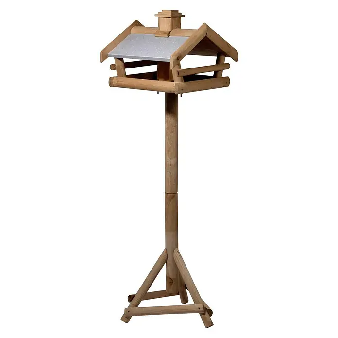 Dobar Vogelfutterhaus - 43,5 x 40 x 132,5 cm, Braun, Holz - Ein rustikales Vogelhaus aus Holz mit einem grauen Dach, das auf einem stabilen Ständer steht. Perfekt für Naturliebhaber und Vogelfreunde.