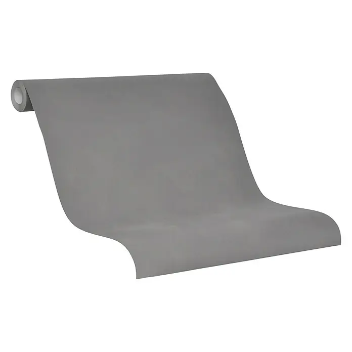 SCHÖNER WOHNEN-Kollektion Vliestapete - Braun/Grau, Uni, 10,05 x 0,53 m - Nahaufnahme einer Rolle grauer Vinyltapete, perfekt für die moderne Wanddekoration. Die Oberfläche ist glatt und die Farbe neutral.