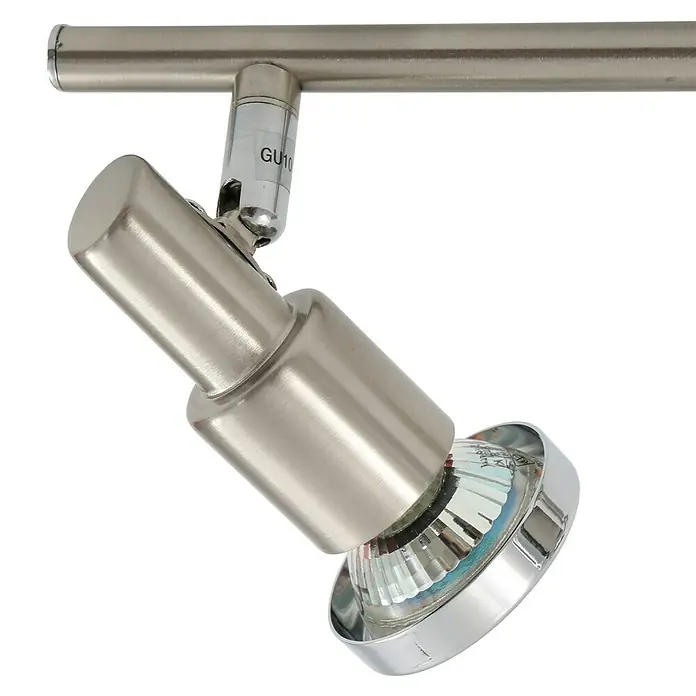 Tween Light LED-Deckenstrahler - 3 W, L x B x H: 275 x 80 x 120 mm, Nickel matt, Anzahl Leuchtmittel: 2 Stk. - Nahaufnahme eines schwenkbaren GU10-Deckenspots aus gebürstetem Nickel mit einer klaren GU10-Halogenlampe.