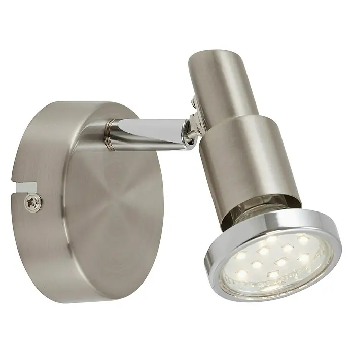 Tween Light Regleta LED - 3 W, L x An x Al: 95 x 80 x 105 mm, Níquel mate - Primer plano de una moderna lámpara de pared de níquel satinado con iluminación LED y cabezal ajustable, ideal para soluciones de iluminación flexibles.