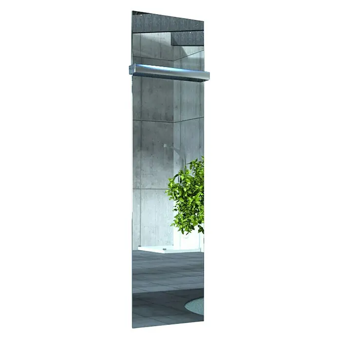 Szagato Designheizkörper Manhattan 3 - B x H: 470 x 1.800 mm, Wärmeleistung bei Vorlauftemperatur von 75 °C (D: 50): 1.118 W, Mit 1 Handtuchhalter (50 mm) - Zeitgenössischer Spiegel mit Beleuchtung, der modernes Design und Funktionalität in einem stilvollen Badezimmer vereint.