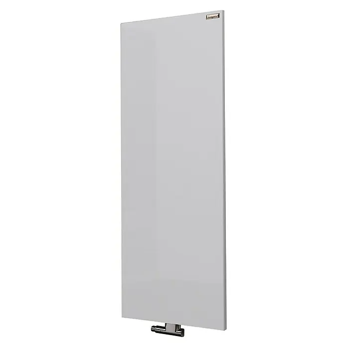 Szagato Designheizkörper Manhattan 2 - B x H: 470 x 1.200 mm, Wärmeleistung bei Vorlauftemperatur von 75 °C (D: 50): 799 W, Weiß, Ohne Handtuchhalter - Nahaufnahme eines Seagato Heizkörpers mit glatter, weißer Oberfläche und Chromdetails für ein modernes Design.