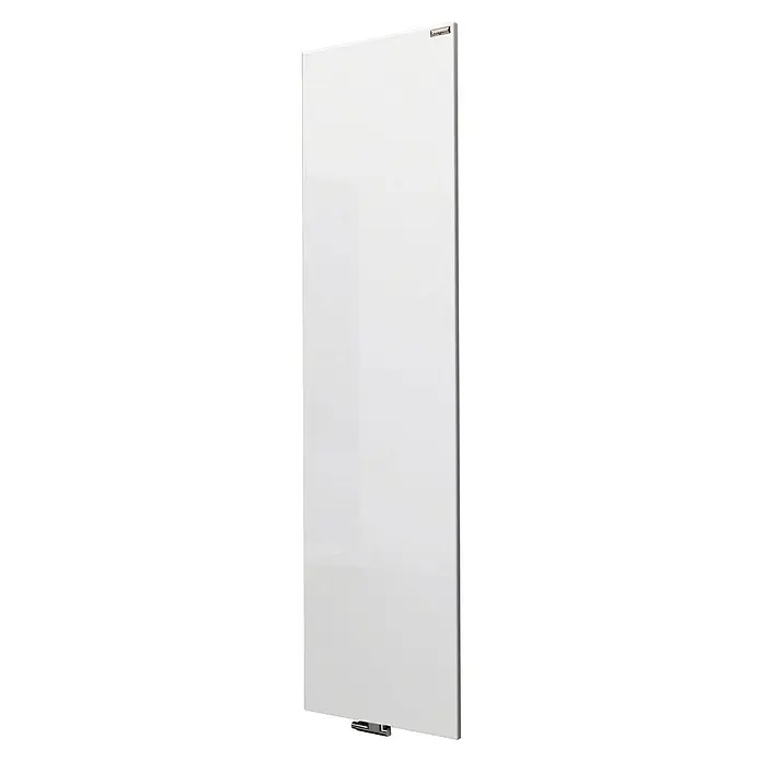 Szagato Designheizkörper Manhattan 3 - B x H: 470 x 1.800 mm, Wärmeleistung bei Vorlauftemperatur von 75 °C (D: 50): 1.118 W, Weiß, Ohne Handtuchhalter - Nahaufnahme eines weißen Heizkörpers mit schlankem Design und silbernen Details, ideal für moderne Wohnräume.