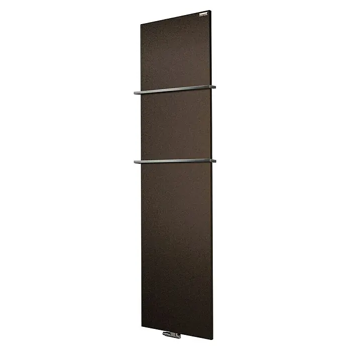 Szagato Designheizkörper Manhattan 3 - B x H: 470 x 1.800 mm, Wärmeleistung bei Vorlauftemperatur von 75 °C (D: 50): 1.118 W, Braun, Mit 2 Handtuchhalter (15 mm) - Nahaufnahme eines Paneels mit Halterungen, das eine innovative Designlösung für moderne Innenräume bietet.