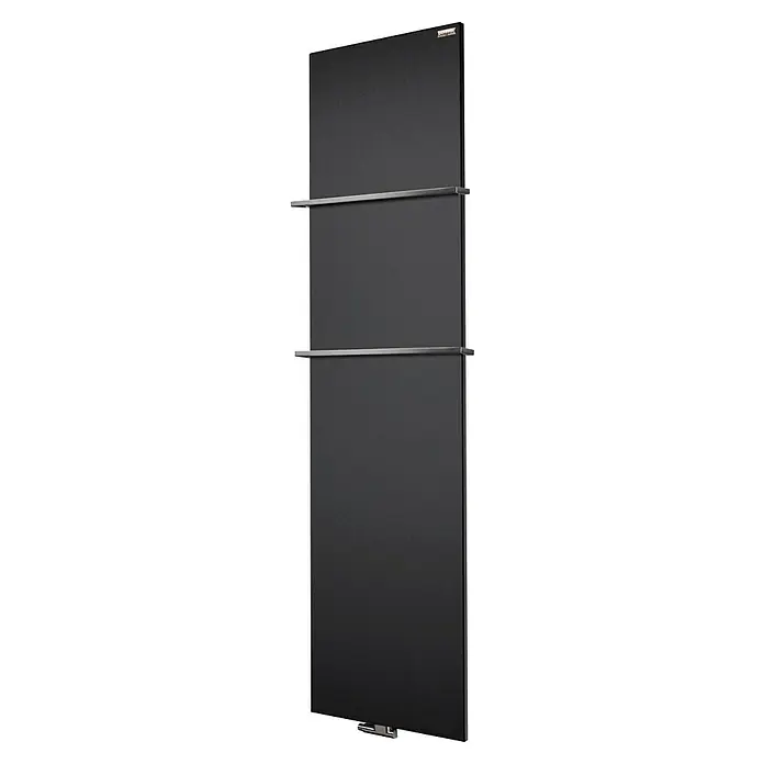 Szagato Designheizkörper Manhattan 3 - B x H: 470 x 1.800 mm, Wärmeleistung bei Vorlauftemperatur von 75 °C (D: 50): 1.118 W, Schwarz, Mit 2 Handtuchhalter (15 mm) - Ein elegantes, schwarzes Heizpaneel mit Handtuchhalter, das modernes Design und Funktionalität in Ihrem Badezimmer vereint.