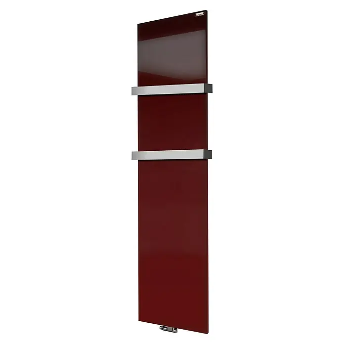 Szagato Designheizkörper Manhattan 3 - B x H: 470 x 1.800 mm, Wärmeleistung bei Vorlauftemperatur von 75 °C (D: 50): 1.118 W, Rot, Mit 2 Handtuchhalter (50 mm) - Vertikaler Handtuchwärmer in Burgunderrot mit zwei Chromstäben zur Handtuchaufbewahrung.