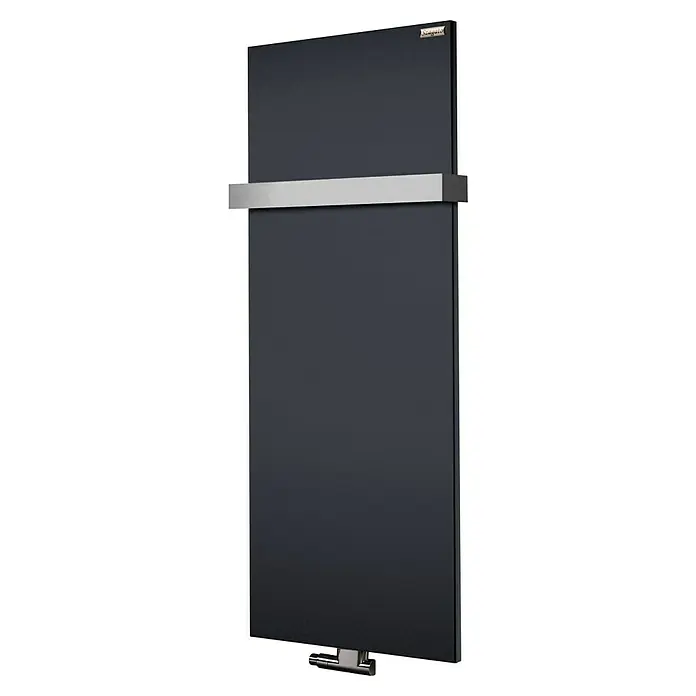 Szagato Designheizkörper Manhattan 2 - B x H: 470 x 1.200 mm, Wärmeleistung bei Vorlauftemperatur von 75 °C (D: 50): 799 W, Anthrazit, Mit 1 Handtuchhalter (50 mm) - Elegantes Designheizkörper mit einer schwarzen Glasoberfläche und einem Handtuchhalter aus Edelstahl. Der Heizkörper vereint Funktionalität mit modernem Stil.