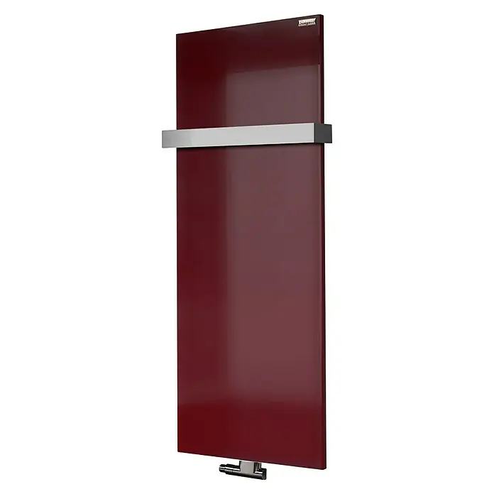 Szagato Designheizkörper Manhattan 2 - B x H: 470 x 1.200 mm, Wärmeleistung bei Vorlauftemperatur von 75 °C (D: 50): 799 W, Rot, Mit 1 Handtuchhalter (50 mm) - Ein moderner, hochglänzender, weinroter Heizkörper mit einem Handtuchhalter aus Metall. Das Heizgerät sorgt für Wärme und dient als Blickfang.