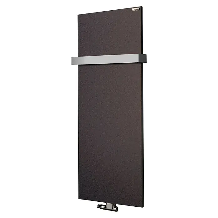 Szagato Designheizkörper Manhattan 2 - B x H: 470 x 1.200 mm, Wärmeleistung bei Vorlauftemperatur von 75 °C (D: 50): 799 W, Braun, Mit 1 Handtuchhalter (50 mm) - Das Bild zeigt einen eleganten Heizkörper mit Handtuchhalter, ideal für moderne Badezimmer. Das Design ist schlicht und funktional.