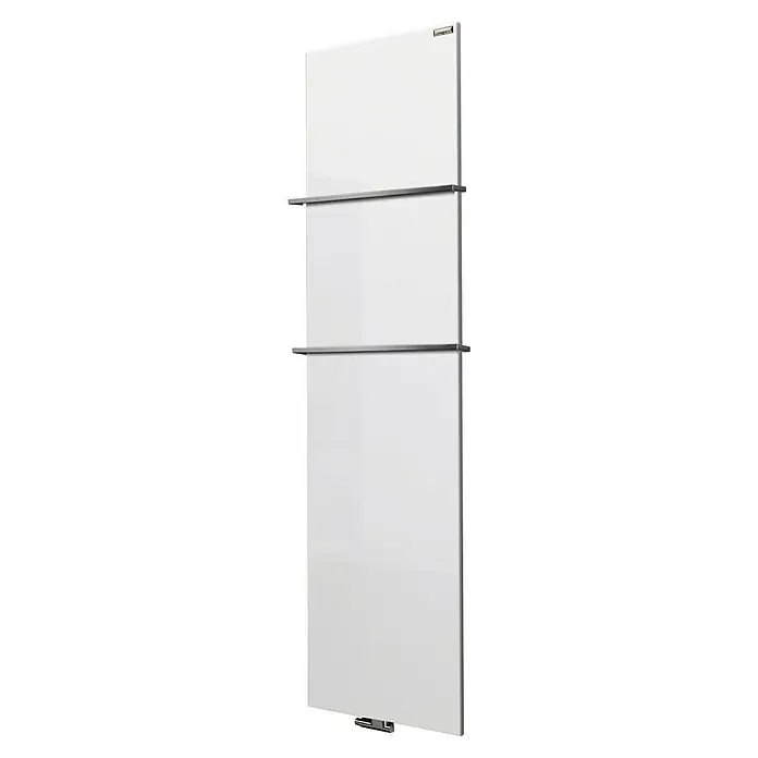 Szagato Designheizkörper Manhattan 3 - B x H: 470 x 1.800 mm, Wärmeleistung bei Vorlauftemperatur von 75 °C (D: 50): 1.118 W, Weiß, Mit 2 Handtuchhalter (15 mm) - Modern gestalteter, weißer Handtuchwärmer mit zwei horizontalen Stangen für das Badezimmer. Stilvolle und funktionale Badheizkörper-Lösung.