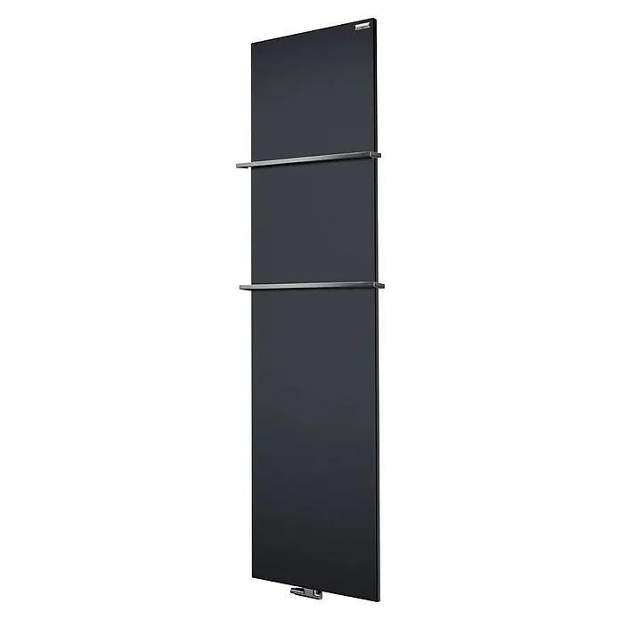 Szagato Designheizkörper Manhattan 3 - B x H: 470 x 1.800 mm, Wärmeleistung bei Vorlauftemperatur von 75 °C (D: 50): 1.118 W, Anthrazit, Mit 2 Handtuchhalter (15 mm) - Das Bild zeigt einen schlanken, schwarzen Handtuchwärmer mit zwei horizontalen Stangen, ideal für moderne Badezimmer.