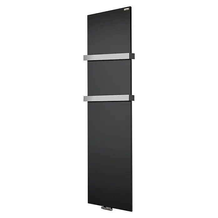 Szagato Designheizkörper Manhattan 3 - B x H: 470 x 1.800 mm, Wärmeleistung bei Vorlauftemperatur von 75 °C (D: 50): 1.118 W, Schwarz, Mit 2 Handtuchhalter (50 mm) - Eleganter, schwarzer Heizkörper mit horizontalen Chromstreben. Das moderne Design fügt sich nahtlos in jedes Badezimmer ein und sorgt für Wärme und Stil.