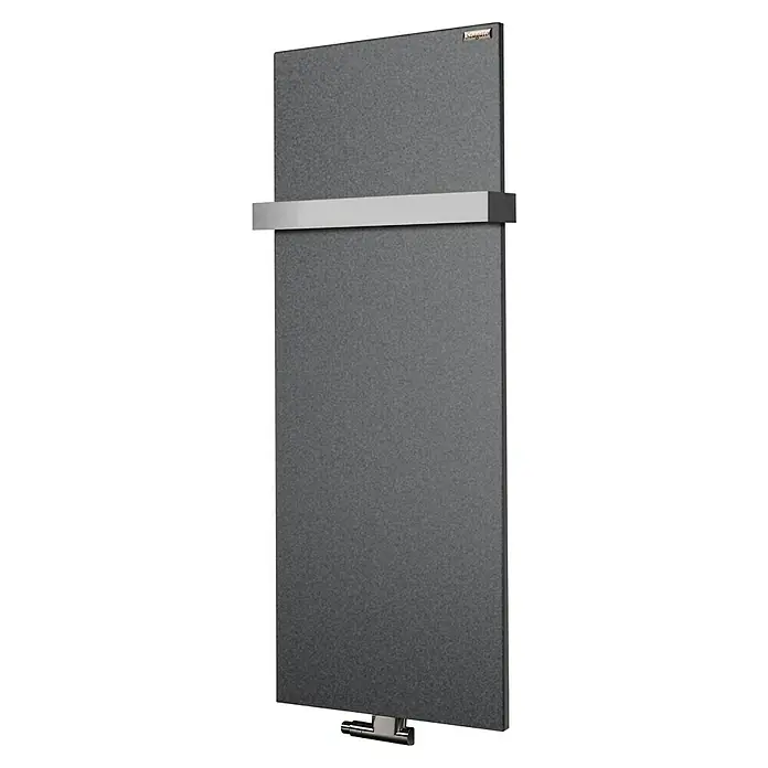 Szagato Designheizkörper Manhattan 2 - B x H: 470 x 1.200 mm, Wärmeleistung bei Vorlauftemperatur von 75 °C (D: 50): 799 W, Moonstone-Grau, Mit 1 Handtuchhalter (50 mm) - Abbildung eines modernen, grauen Heizkörpers mit Handtuchhalter, der eine stilvolle und effiziente Heizlösung für jedes Badezimmer bietet.