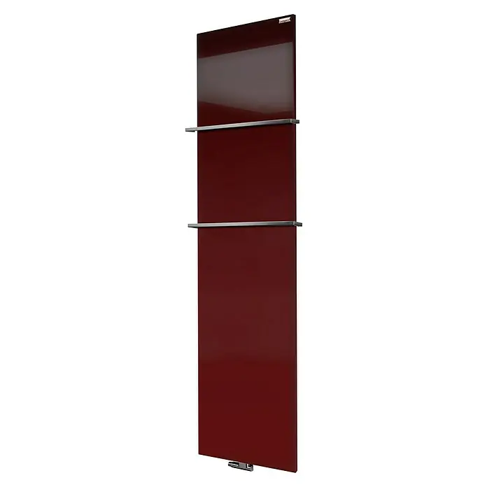 Szagato Designheizkörper Manhattan 3 - B x H: 470 x 1.800 mm, Wärmeleistung bei Vorlauftemperatur von 75 °C (D: 50): 1.118 W, Rot, Mit 2 Handtuchhalter (15 mm) - Elegante vertikale Heizung in Burgunderrot mit glänzender Oberfläche und zwei Handtuchhaltern aus Chrom.