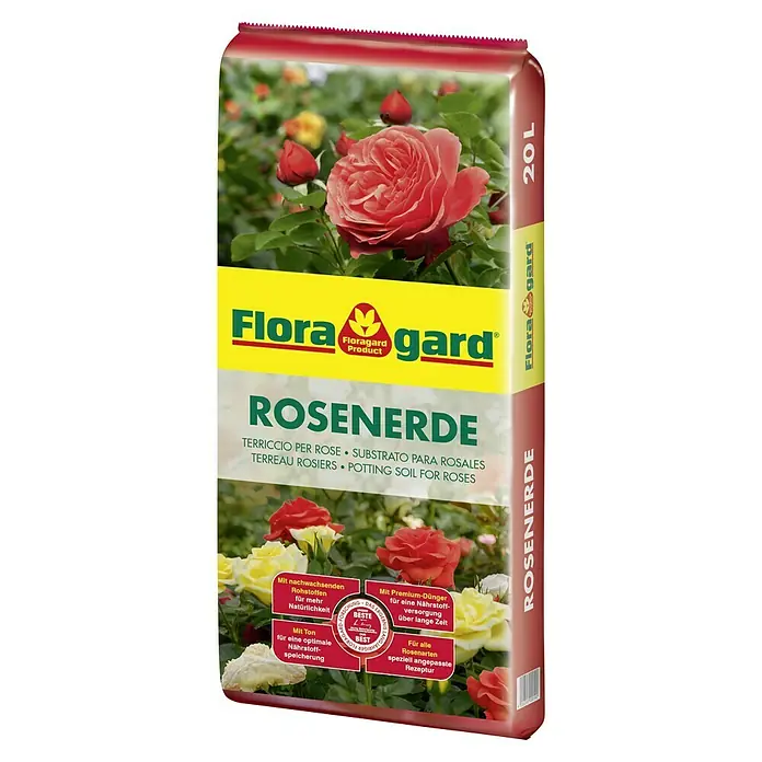 Floragard Blumenerde für Rosen - 20 l - Packung Blumenerde "Rosenerde" von Flora Gard mit Rosenabbildung. Geeignet für Rosen, mit Premium-Dünger für Nährstoffversorgung über lange Zeit.