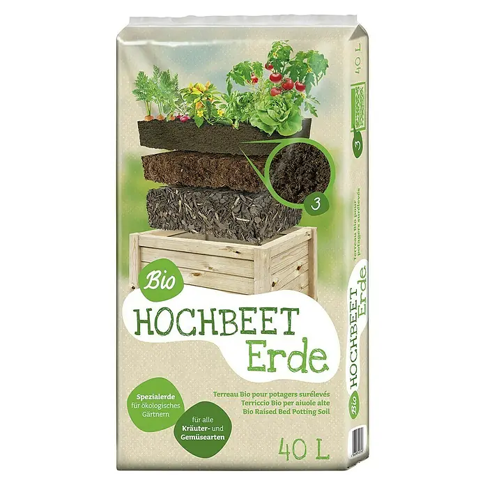 Floragard Bio-Hochbeeterde - 40 l - Abbildung einer 40L-Packung Bio-Hochbeeterde, ideal für ökologisches Gärtnern und alle Kräuter- und Gemüsearten.