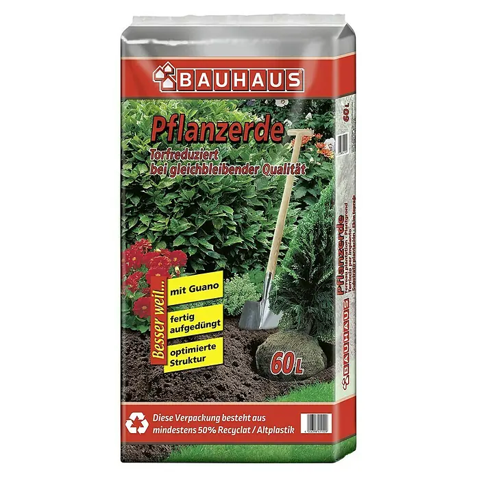 BAUHAUS Blumenerde - 60 l - Abbildung einer 60L-Packung Pflanzerde von Bauhaus, torfreduziert und mit Guano, ideal für die Gartenarbeit.