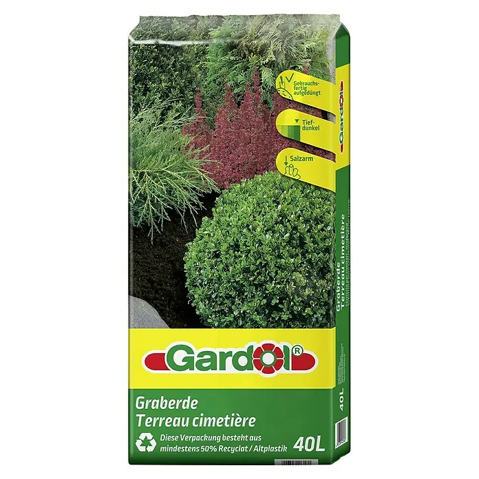 Gardol Graberde - 40 l - Eine Packung Gardol Graberde/Terreau cimetière (40L), hergestellt aus mindestens 50% Recyclat/Altplastik, gebrauchsfertig aufgedüngt.