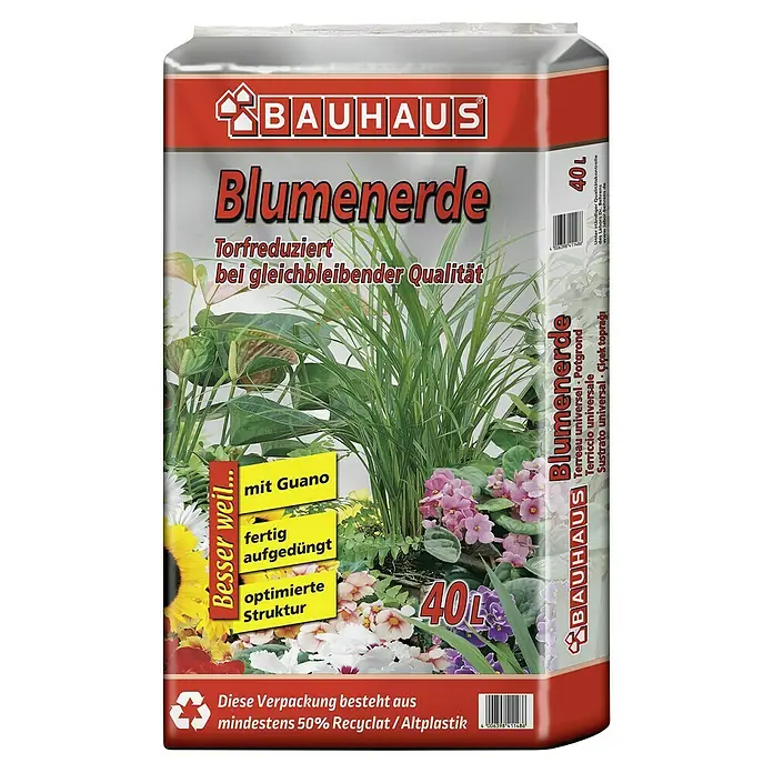 BAUHAUS Blumenerde - 1 Sack, 40 l - Bauhaus Blumenerde: Torfreduzierte Blumenerde mit Guano für eine optimierte Struktur und gleichbleibende Qualität im 40L Sack.