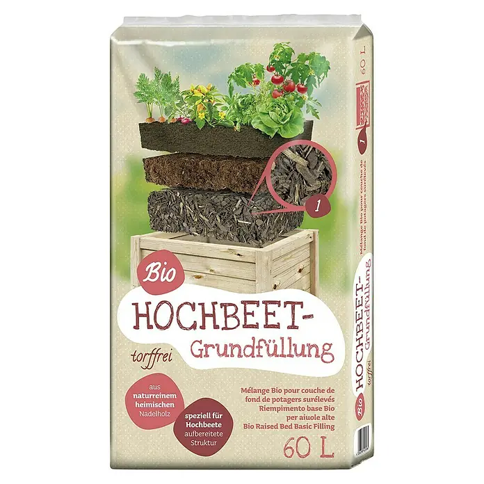 Floragard Hochbeet-Grundfüllung - 60 l - Bio Hochbeet-Grundfüllung torffrei im 60L Sack, eine Mischung für Hochbeete mit natürlichem Nadelholz.
