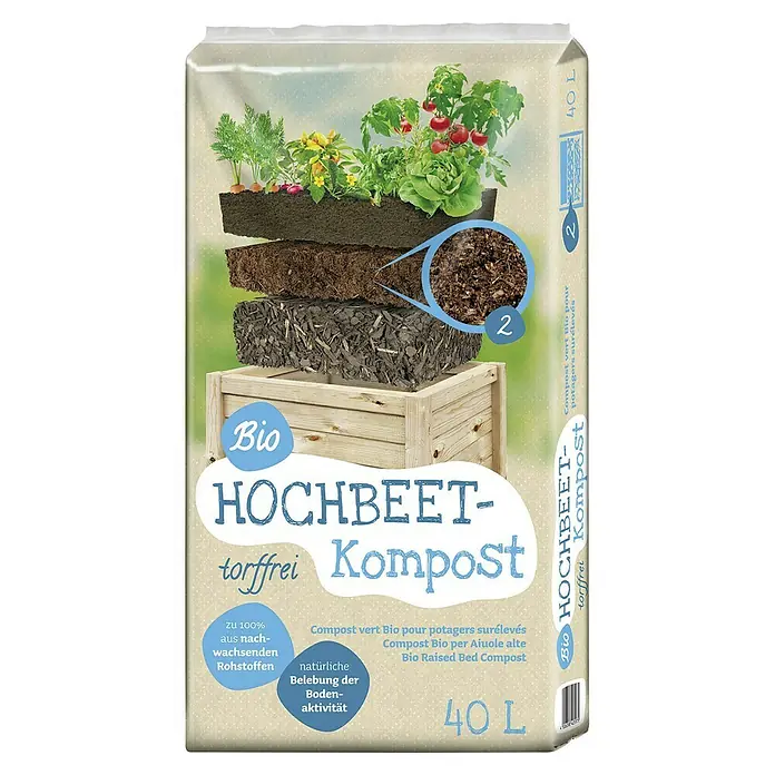 Floragard Hochbeet-Kompost - 40 l - Bild einer Packung Bio Hochbeet-Kompost, torffrei, 40L. Das Produkt enthält nachwachsende Rohstoffe und fördert die Bodenaktivität.