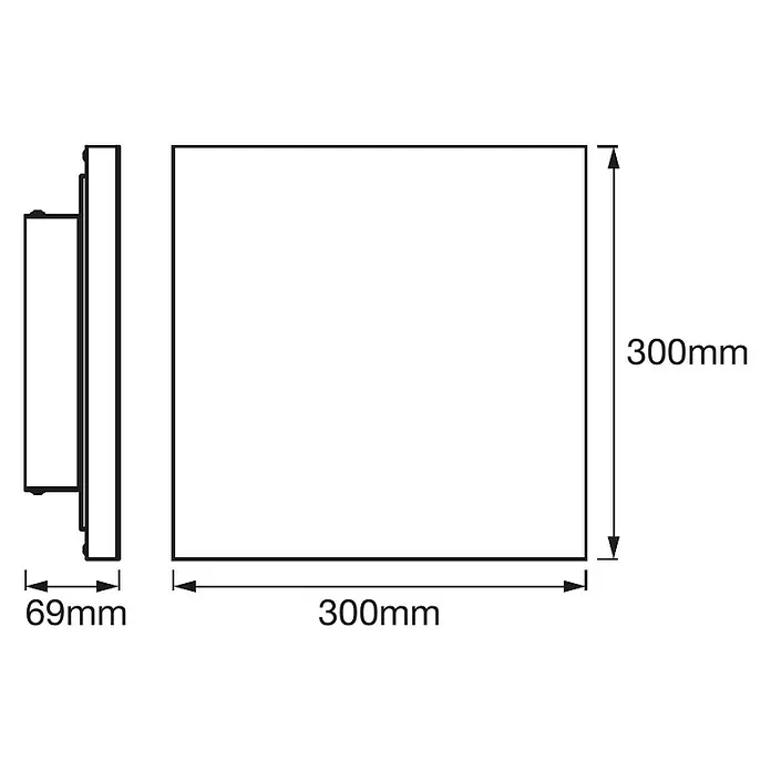 Ledvance Smart+ WiFi LED-Panel Planon Frameless - 36 W, L x B x H: 30 x 30 x 6,9 cm, Weiß, RGBW - Technische Zeichnung eines quadratischen LED-Panels mit den Maßen 300x300x69 mm.