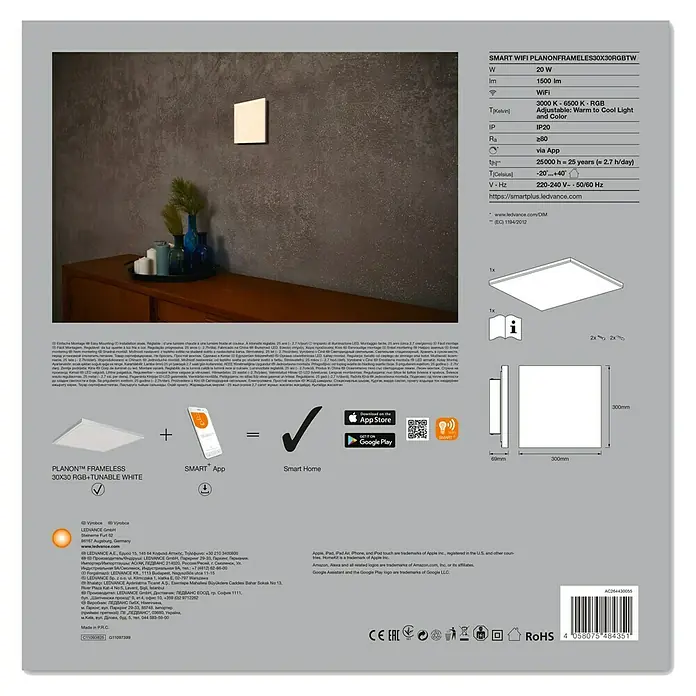 Ledvance Smart+ WiFi LED-Panel Planon Frameless - 36 W, L x B x H: 30 x 30 x 6,9 cm, Weiß, RGBW - Produktverpackung für die LEDVANCE SMART WIFI PLANONFRAMELES30X30RGBTW, einer intelligenten WLAN-Deckenleuchte.
