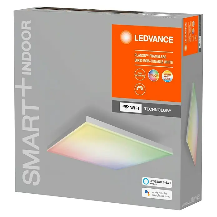 Ledvance Smart+ WiFi LED-Panel Planon Frameless - 36 W, L x B x H: 30 x 30 x 6,9 cm, Weiß, RGBW - Das LEDVANCE Planon Frameless 30x30 RGB+Tunable White Panel, eine intelligente Indoor-Leuchte mit WiFi-Technologie und Sprachsteuerung.