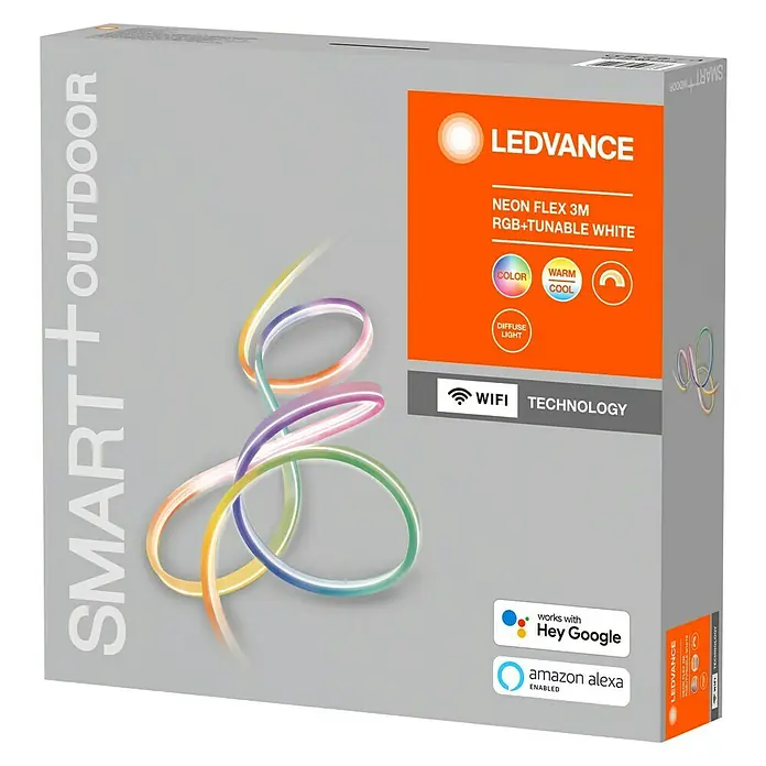 Ledvance Smart+ WiFi Smart-LED-Band Flex - Länge: 3 m, RGBW, 15 W, 500 lm - Produktverpackung für LEDVANCE Neon Flex 3M RGB+Tunable White, geeignet für den Innen- und Außenbereich mit WiFi Technologie.