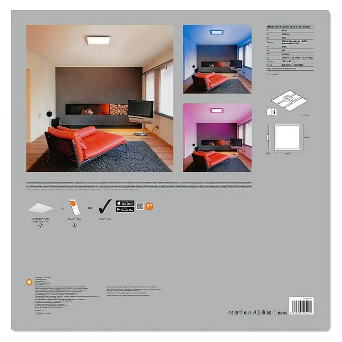Ledvance Smart+ LED-Panel Planon PlusL x B x H: 45 x 45 x 5,6 cm, Weiß, RGBW - Bild des SMART WIFI PLANON PLUS 45X45 RGBW, einer intelligenten WLAN-Deckenleuchte mit einstellbarer Farbtemperatur und App-Steuerung.