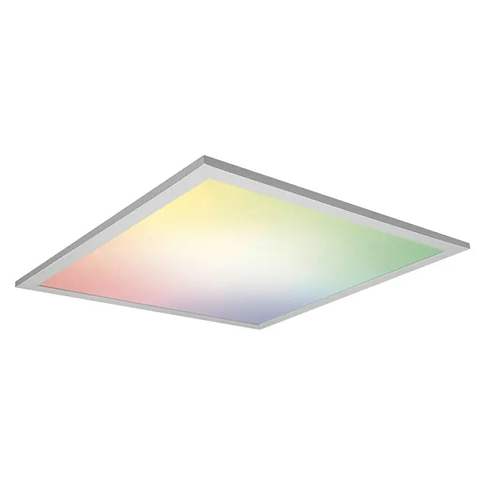Ledvance Smart+ LED-Panel Planon PlusL x B x H: 45 x 45 x 5,6 cm, Weiß, RGBW - Eine quadratische, farbenfrohe LED-Deckenleuchte mit silbernem Rahmen, die ein modernes und stilvolles Design bietet.