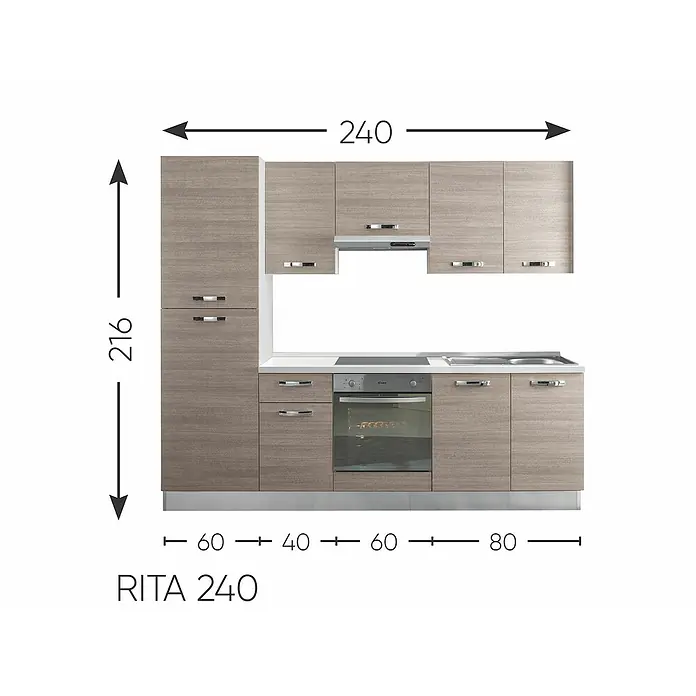 Marinelli Cucine Vormontierte Küchenzeile Rita - Breite: 240 cm, Eiche Grau, Mit Elektrogeräten - Abbildung einer Küchenzeile RITA 240 mit grau gemusterten Fronten, Gesamtbreite 240 cm und einer Höhe von 216 cm.