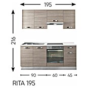 Singleküche Rita (195 cm, Mit Elektrogeräten, Eiche Grau-Nachbildung)
