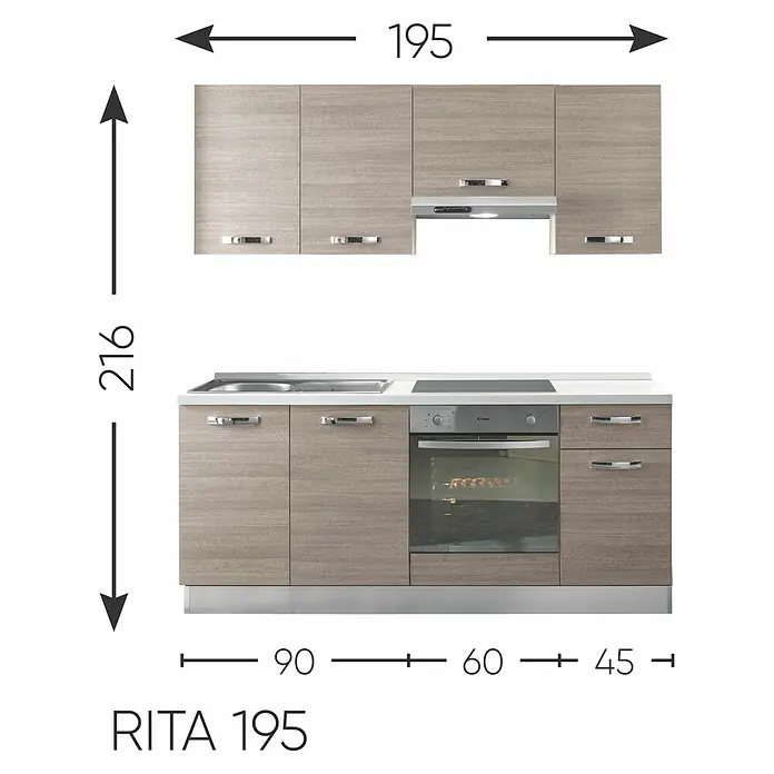Marinelli Cucine Vormontierte Küchenzeile Rita - Breite: 195 cm, Eiche Grau, Mit Elektrogeräten - Abbildung einer RITA 195 Küche mit Maßen, die die Gesamtbreite und -höhe der Küche sowie die Breite einzelner Abschnitte zeigen.