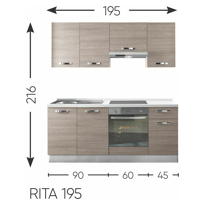 Singleküche RitaBreite: 195 cm, Mit Elektrogeräten, Eiche Grau-Nachbildung Sketch