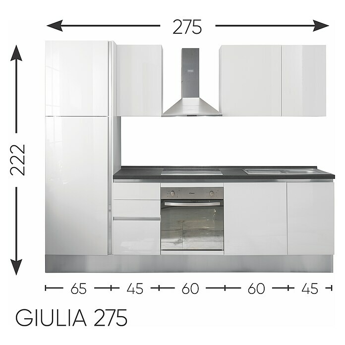 Küchenzeile GiuliaBreite: 275 cm, Anschlag links, Weiß Sketch