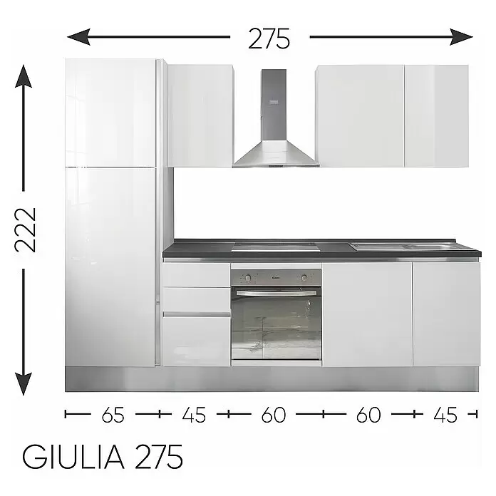 Marinelli Cucine Vormontierte Küchenzeile GiuliaBreite: 275 cm, Weiß, Mit Elektrogeräten, Dekor Arbeitsplatte: Marmoroptik, Spüle rechts