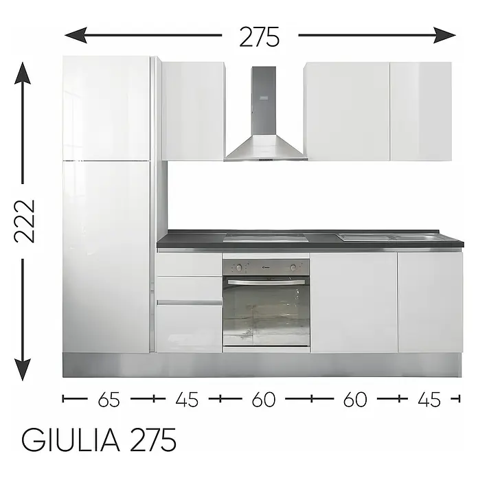 Marinelli Cucine Vormontierte Küchenzeile Giulia - Breite: 275 cm, Weiß, Mit Elektrogeräten, Dekor Arbeitsplatte: Marmoroptik, Spüle links - Abbildung einer modernen Küche mit weißen Schränken, einer Dunstabzugshaube und den Abmessungen des Designs.
