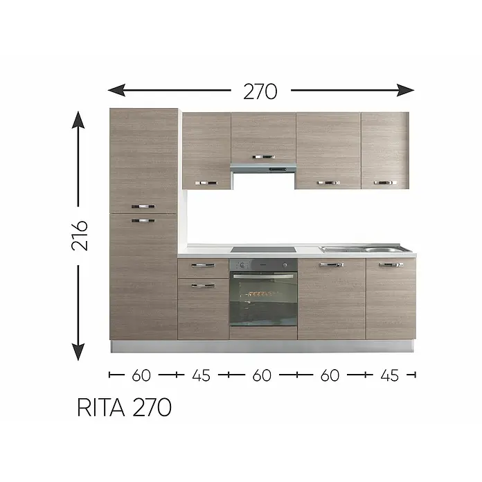 Marinelli Cucine Vormontierte Küchenzeile Rita - Breite: 270 cm, Eiche Grau, Mit Elektrogeräten - Abbildung einer RITA 270 Küchenzeile in hellem Holzdesign mit den Maßen 270 cm Breite und 216 cm Höhe.