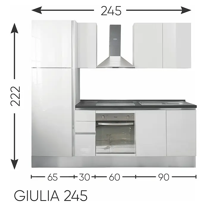 Marinelli Cucine Vormontierte Küchenzeile Giulia - Breite: 245 cm, Weiß, Mit Elektrogeräten, Dekor Arbeitsplatte: Marmoroptik, Spüle rechts - Eine moderne weiße Küche mit klaren Linien, inklusive Geräte und viel Stauraum. Die Küche Giulia 245 besticht durch ihr elegantes Design.