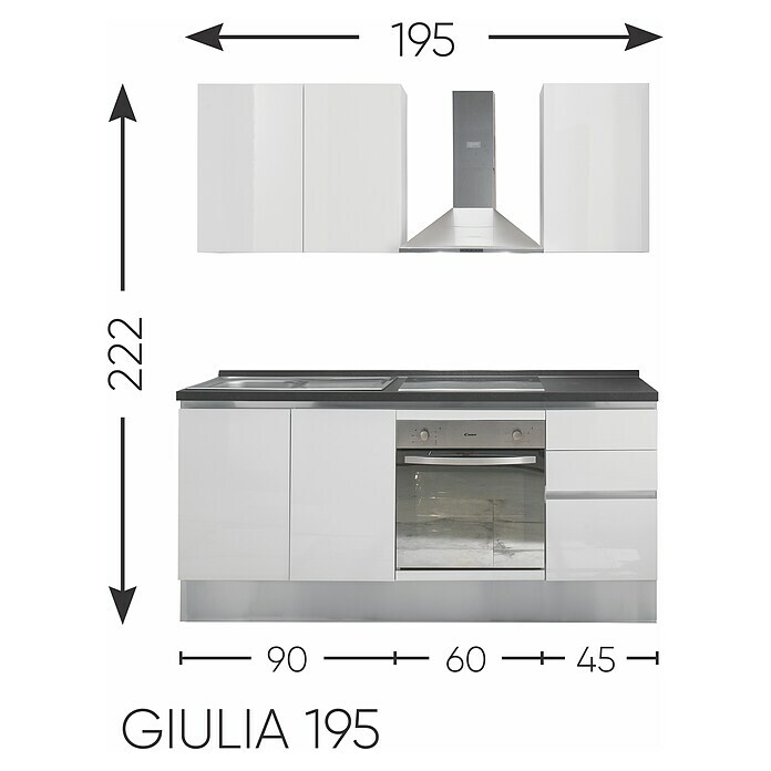 Küchenzeile GiuliaBreite: 195 cm, Anschlag links, Weiß Sketch