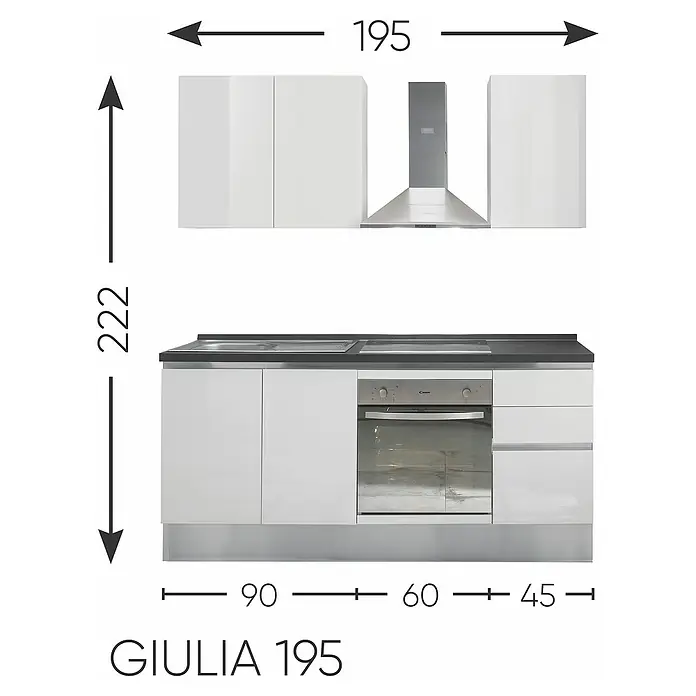 Marinelli Cucine Vormontierte Küchenzeile Giulia - Breite: 195 cm, Weiß, Mit Elektrogeräten, Dekor Arbeitsplatte: Marmoroptik, Spüle links - Abbildung einer Küchenzeile "Giulia 195" in Weiß mit einer Länge von 195 cm und einer Höhe von 222 cm, bestehend aus Ober- und Unterschränken.