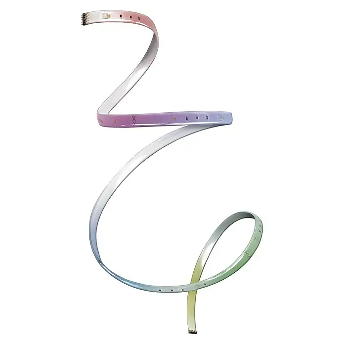 Ledvance Smart+ WiFi LED-Band Flex Erweiterung - Länge: 1 m, RGB - LED-Streifen mit Farbverlauf auf schwarzem Hintergrund. Der flexible LED-Streifen ist für dekorative Beleuchtung konzipiert und zeigt verschiedene Farben.