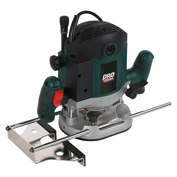 PowerPlus Fresadora eléctrica POWP6050 - 2.100 W, 8.000 r.p.m. - 23.500 r.p.m., Diámetro del portaherramientas: 12 mm - Primer plano de una fresadora PRO Power, una herramienta eléctrica utilizada para el trabajo preciso de la madera y otros materiales.