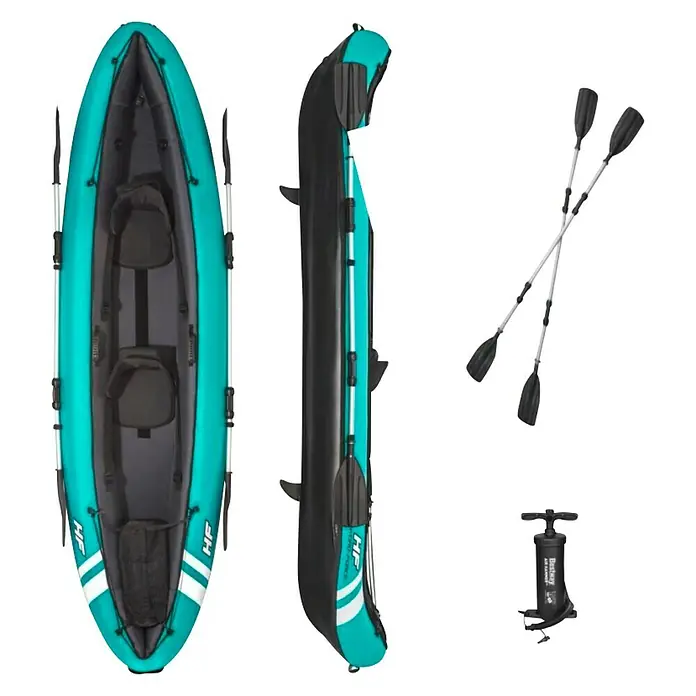 Bestway Hydro Force Kayak Ventura X2 - Plástico, Turquesa/Negro - Imagen de un kayak inflable con remos y bomba de aire, ideal para aventuras acuáticas al aire libre.\n